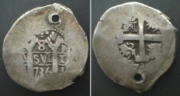PERU 8 Reales 1736 L N, Lima mint, Philip V, silver COB COINAGE, silver VF