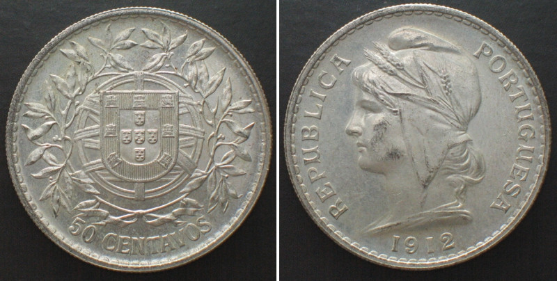 PORTUGAL 50 Centavos 1912 silver, key date, Prooflike specimen. KM# 561.