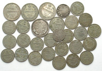 RUSSIA. Bulk of 29 silver coins 1845-1914 with 25 Kopeks 1896. Different dates and grades.