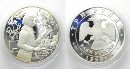 RUSSIA. 3 Roubles 1999, Pushkin holding book, silver 1oz, Proof