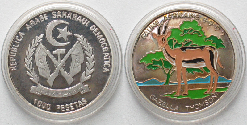 SAHARAWI ARAB. D.R. 1000 Pesetas 1997, THOMSON GAZELLE, silver, Proof, mintage: ...