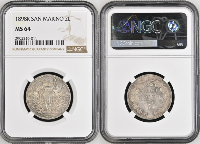 SAN MARINO. 2 Lire 1898 R, silver, NGC MS 64. KM# 5