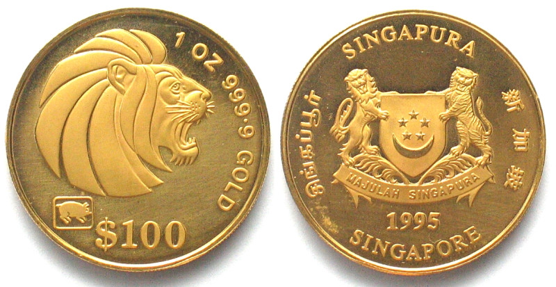 SINGAPORE. 100 Dollars 1995, lunar, YEAR OF THE PIG, gold 1 oz, Proof, RARE!!!, ...