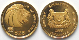 SINGAPORE. 25 Dollars 1995, lunar, YEAR OF THE PIG, gold 1/4 oz, Proof, RARE!!!