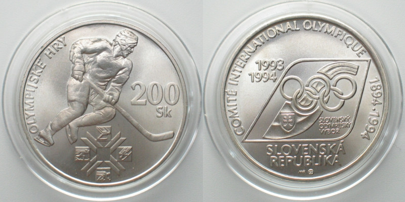 SLOVAKIA. 200 Korun 1994, Ice Hockey, OLYMPICS, silver, BU. KM# 21.