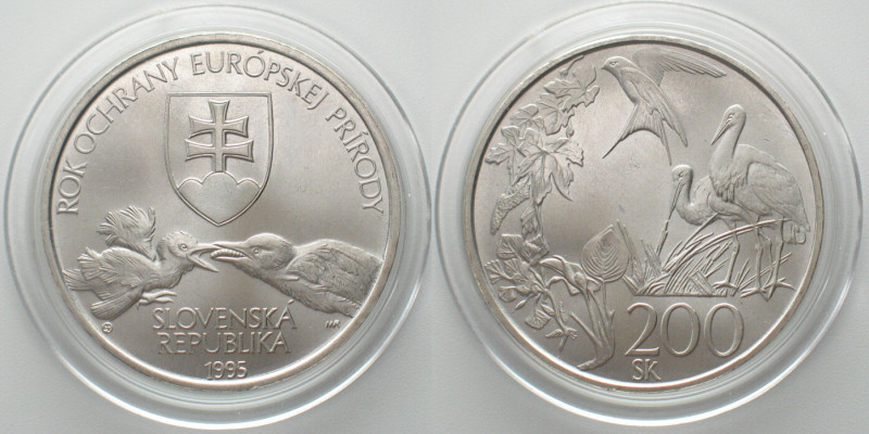 SLOVAKIA. 200 Korun 1995, Storks, European Environmental Protection, silver, BU....