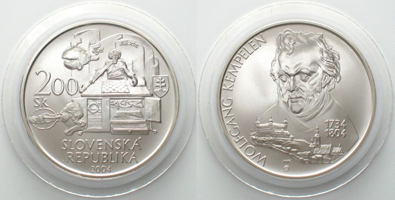 SLOVAKIA. 200 Korun 2004, Wolfgang Kemelen, Chess Machine, silver, BU, SCARCE! K...