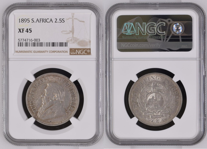 SOUTH AFRICA. 2-1/2 Shillings 1895, KRUGER, silver, KEY DATE! NGC XF 45 KM # 7