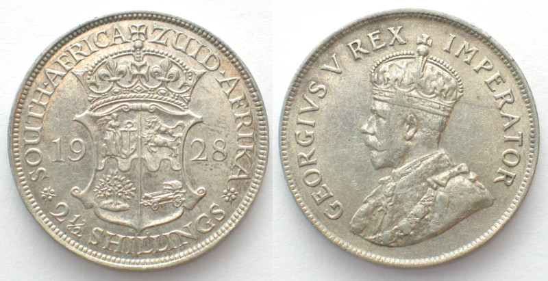 SOUTH AFRICA 2-1/2 Shillings 1928 GEORGE V silver AU! KM# 19.2. Scarce, particul...