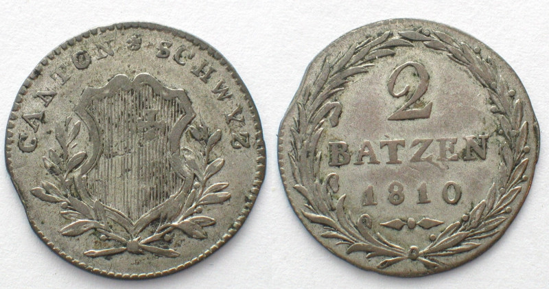 SCHWYZ. 2 Batzen 1810 Billon, Erhaltung! HMZ 2-808a. vz (XF)