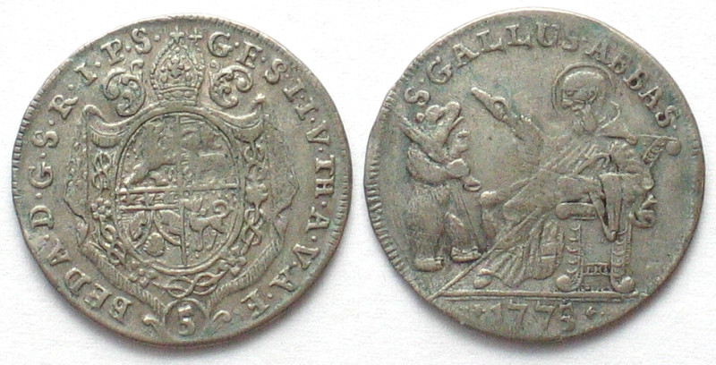 ST. GALLEN. Abbey, 5 Kreuzer 1775, BEDA ANGEHRN v. HAGENWIL, silver, XF! HMZ 2-8...