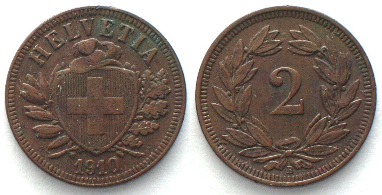 EIDGENOSSENSCHAFT. 2 Rappen 1910, Bronze, seltener Jahrgang! HMZ 2-1213x.