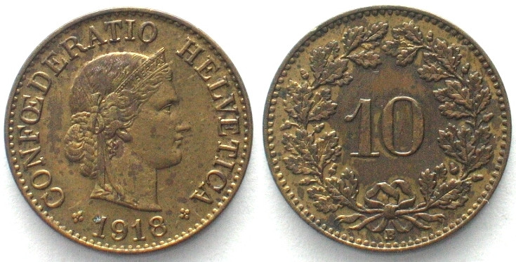 EIDGENOSSENSCHAFT. 10 Rappen 1918, Messing, unz-! HMZ 2-1210bb.