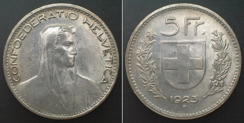 EIDGENOSSENSCHAFT. 5 Franken 1923, Silber, ERHALTUNG!!! unz. HMZ 2-1199a.