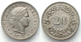 SWITZERLAND. 20 Rappen 1924, nickel, AU!