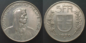 SWITZERLAND. 5 Francs 1926 B, silver, scarce date, AU!