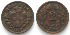 SWITZERLAND. 2 Rappen 1927, bronze, scarce date! VF+