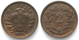 SWITZERLAND. 2 Rappen 1934, bronze, KEY DATE! AU!