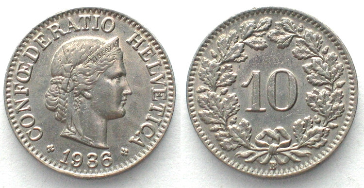 EIDGENOSENSCHAFT. 10 Rappen 1936, Nickel, unz-! HMZ 2-1210ss.