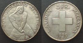 SWITZERLAND. 5 Franken 1939, BATTLE OF LAUPEN, silver, UNC!