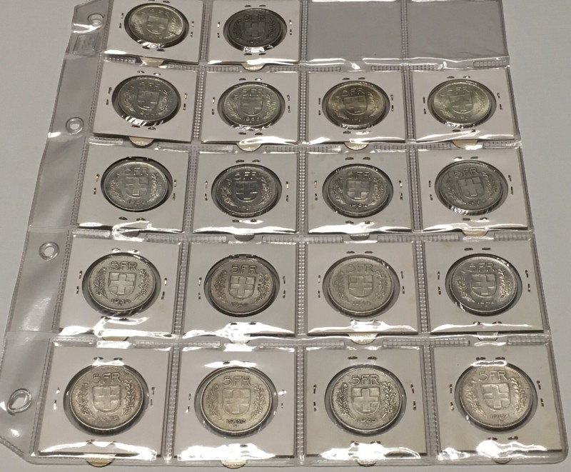 EIDGENOSSENSCHAFT. 5 Franken 1931-69 Silber, komplette Sammlung (18 Stück). Attr...