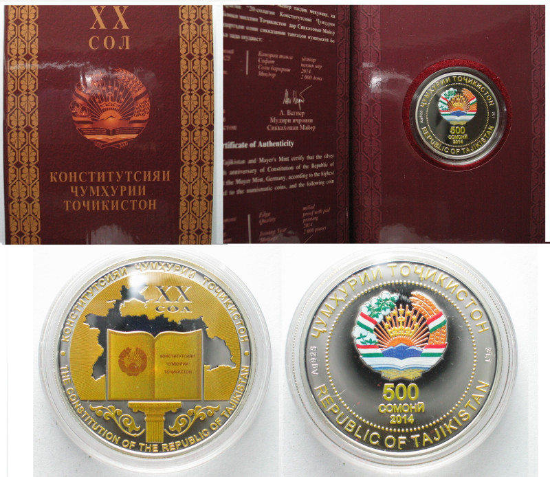 TAJIKISTAN. 500 Somoni 2014, 20th Anniversary of Constitution, silver, colored, ...