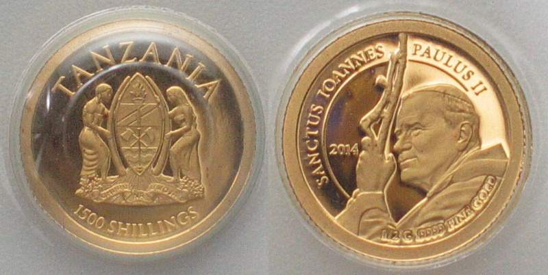 TANZANIA. 1500 Shillings 2014, Canonization of the Pope John Paul II, gold, Proo...