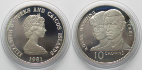 TURKS & CAICOS 10 Crowns 1981 ROYAL WEDDING Charles & Diana silver Proof