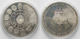URUGUAY 50000 Nuevos Pesos 1991 Discovery IBERO-AMERICA silver Proof