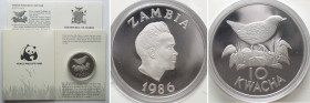 ZAMBIA 10 Kwacha 1986 Flufftail WWF silver Proof
