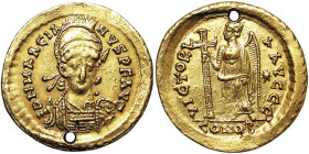 Roman Coins, Empire, Marcianus (450-457 AD), Solidus, n.d., Constantinople, Au. 4,45 g, R, Holed, RIC 510, VF+