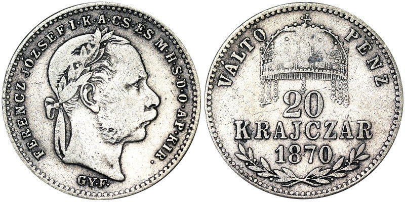 Austria, Austro-Hungarian Empire, Franz Joseph I (1848-1916), 20 Krajczar, 1870,...