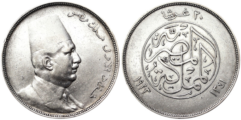 Egypt, Kingdom, Fuad I (1340-1355 AH) (1922-1936 AD), 20 Piastres, 1923, Ag. 27,...