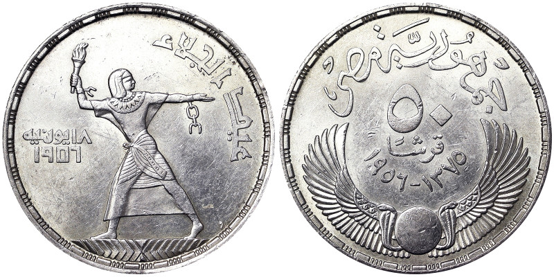 Egypt, Republic (1373-1377 AH) (1953-1958 AD), 50 Piastres, 1956, Ag. 28,15 g, K...