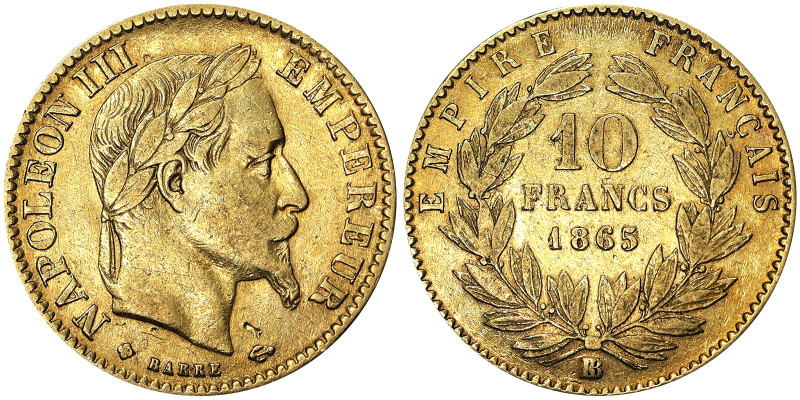 France, Napoleon III (1852-1870), 10 Francs, 1865, BB Strasbourg, Au. 3,20 g, R,...