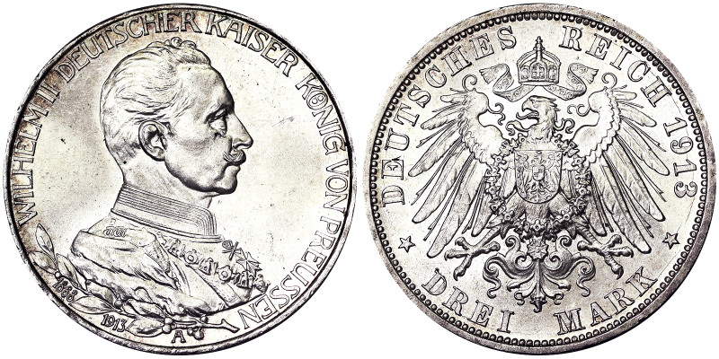 Germany, Prussia, Wilhelm II (1888-1918), 3 Mark, 1913, A Berlin, 25th Year of R...