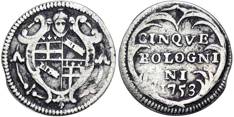 Italian States, Bologna, Benedetto XIV (1740-1758), 5 Bolognini, 1753, Bologna, ...