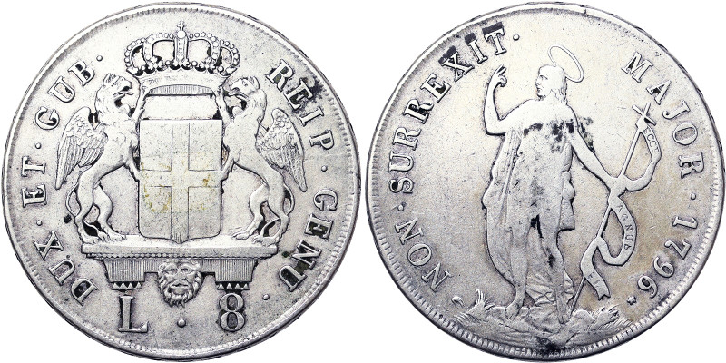 Italian States, Genoa, Republic Biennial Doges Phase III (1637-1797), 8 Lire, 17...