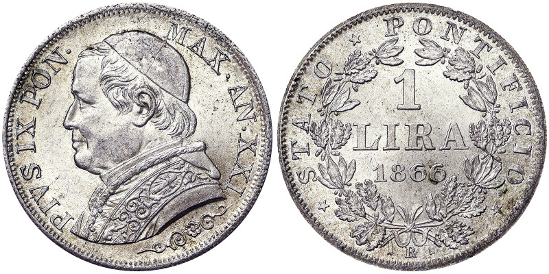 Italian States, Rome (Papal State), Pio IX (1866-1870), 1 Lira, 1866, Rome, Year...