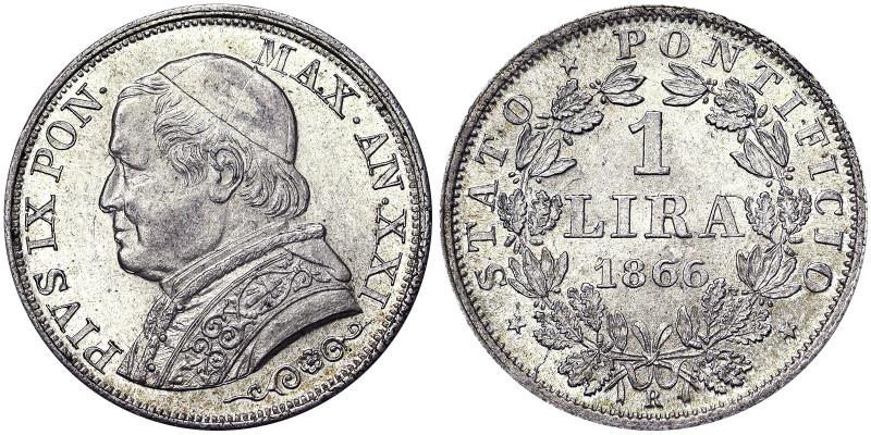 Italian States, Rome (Papal State), Pio IX (1866-1870), 1 Lira, 1866, Rome, Year...