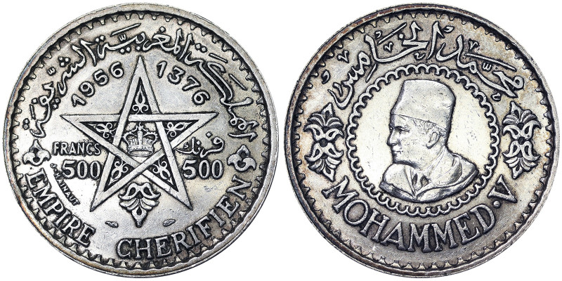 Morocco, Kingdom, Mohammed V (1346-1381 AH) (1927-1962 AD), 500 Francs, 1956, Ag...