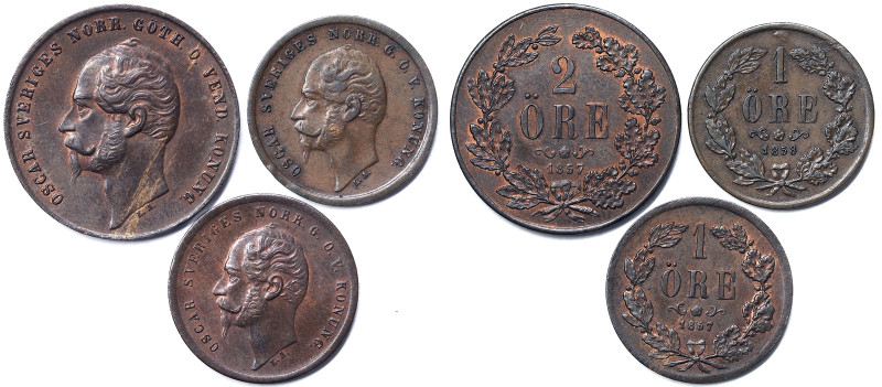 Sweden, Kingdom, Oscar I (1844-1859), Lot 3 pcs. 2 Ore 1857. 1 Ore: 1857, 1858. ...