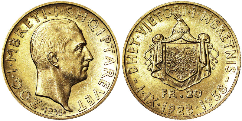 Albania, Kingdom, Zog I (1926-1939), 20 Franga Ari, 1938, Rome, Mintage: 1000 pc...