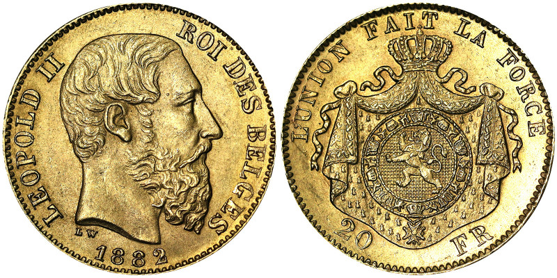 Belgium,Leopold II (1865-1909), 20 Francs, 1882, Au. 6,45 g, R, Fr. 412, UNC