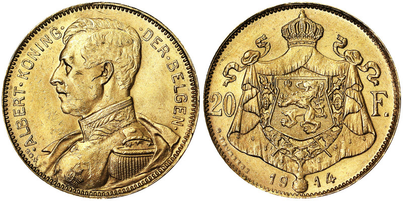 Belgium,Albert I (1909-1934), 20 Francs, 1914, Flemish legends. Au. 6,45 g, Fr. ...