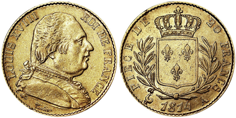 France, Louis XVIII (1814-1824), 20 Francs, 1814, A Paris, Au. 6,45 g, Fr. 525, ...