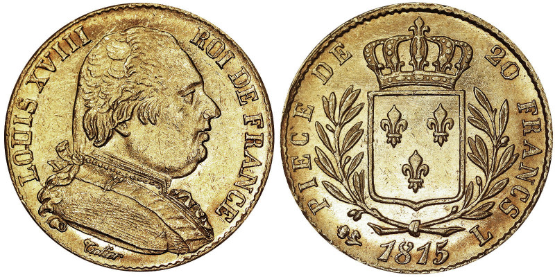 France, Louis XVIII (1814-1824), 20 Francs, 1815, L Bayonne, Au. 6,45 g NC, Fr. ...