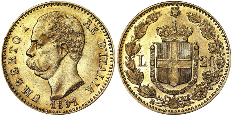 Italy, Kingdom of Italy, Umberto I (1878-1900), 20 Lire, 1891, Rome, Variant wit...