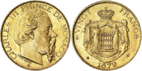 Monaco, Principality, Charles III (1856-1889), 20 Francs, 1879, Paris, Au. 6,45 g, R, Fr. 12, XF+