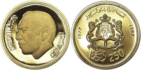 Morocco, Kingdom, Hassan II (1381-1420 AH) (1962-1999 AD), 250 Dirhams, 1977, Mintage: 800 pcs.: Au. 6,45 g, R, Y 66, PROOF